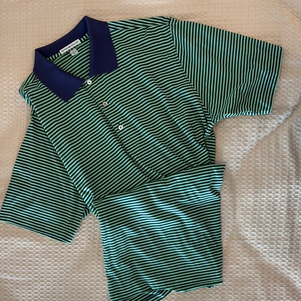 Peter Millar Men's Polo in Green and Navy Stripes